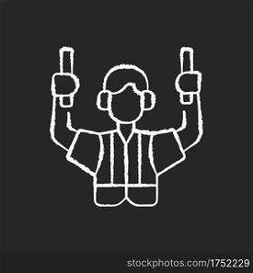 Ground handling chalk white icon on black background. Professional service in airport. Safety flight guarantee. Occupation. Silhouette symbol on white space. Isolated vector chalkboard illustration. Ground handling chalk white icon on black background
