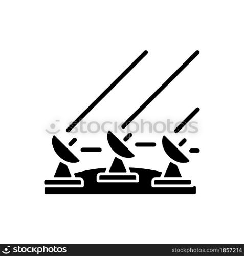 Ground Satellite system black glyph icon. Signal receiving dish satelite. Global telecommunications network connection. Silhouette symbol on white space. Vector isolated illustration. Ground Satellite system black glyph icon