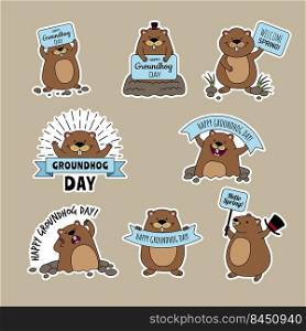 Groundhog day. Ads badges with funny animal happy groundhog symbols of time loop recent vector labels collections with place for text. Illustration of groundhog banner. Groundhog day. Ads badges with funny animal happy groundhog symbols of time loop recent vector labels collections with place for text