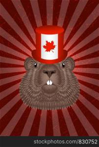 Groundhog Day. Concept National holiday in Canada. Groundhog Head in Top Hat. Symbolic flag of Canada with maple leaf. Red background with center rays, grunge texture. Groundhog Day. Concept National holiday in Canada. Groundhog Head in Top Hat. Symbolic flag of Canada with maple leaf. Red background with center rays, grunge texture.