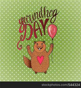 Groundhog Day gift card. Hand drawn beautiful smiling hamster. Vector illustration. Can be used for print, greeting cards or blog icon.. Groundhog Day gift card. Hand drawn beautiful smiling hamster. Vector illustration. Can be used for print, greeting cards or blog icon