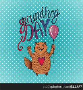 Groundhog Day gift card. Handdrawn smiling hamster. Vector illustration. For print, greeting cards