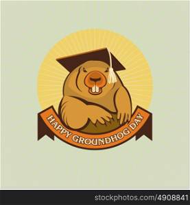 Groundhog Day. Vector illustration. Marmot in an academic cap.