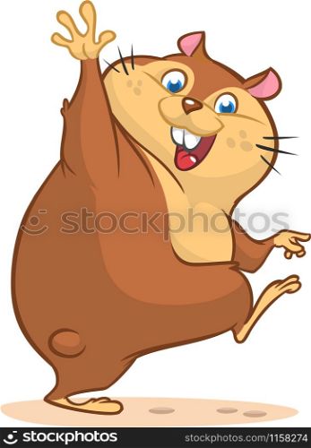Groundhog day with smiling marmot waving hand isolated background. Cartoon vector illustration.