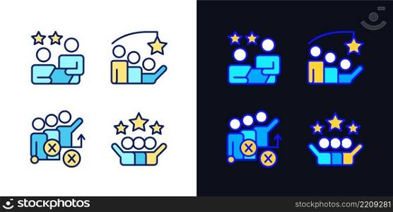 Group achievement pixel perfect light and dark theme color icons set. Stategy planning. Simple filled line drawings. Bright cliparts on white and black. Editable stroke. Quicksand-Light font used. Group achievement pixel perfect light and dark theme color icons set