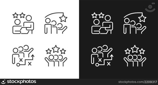 Group achievement pixel perfect linear icons set for dark, light mode. Stategy planning. Successful cooperation. Thin line symbols for night, day theme. Isolated illustrations. Editable stroke. Group achievement pixel perfect linear icons set for dark, light mode
