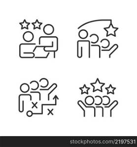 Group achievement pixel perfect linear icons set. Stategy planning. Successful social cooperation. Customizable thin line symbols. Isolated vector outline illustrations. Editable stroke. Group achievement pixel perfect linear icons set