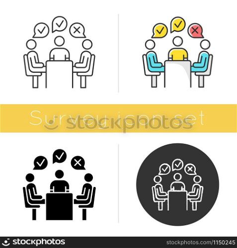 Group administered survey icon. Public opinion polling. Social research. Feedback. Sampling. Customer satisfaction. Voting. Glyph design, linear, chalk and color styles. Isolated vector illustrations