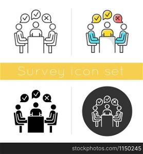Group administered survey icon. Public opinion polling. Social research. Feedback. Sampling. Customer satisfaction. Voting. Glyph design, linear, chalk and color styles. Isolated vector illustrations