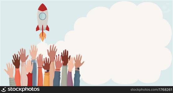 Group arms and hands raised as if to reach a goal. Colleagues collaborators or co-workers of diverse cultures.Realization and financial - working - investment growth.Banner copy space