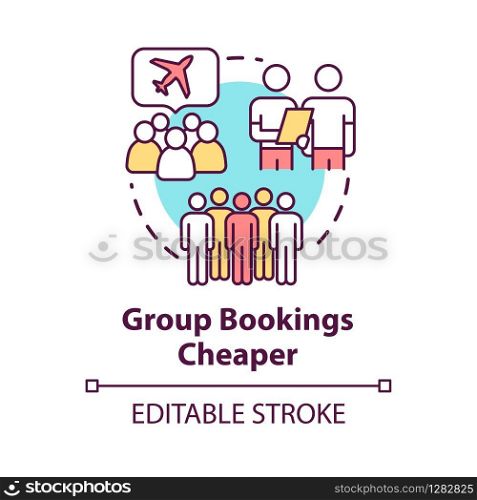 Group booking cheaper concept icon. Collective tour reservation discounts idea thin line illustration. Tourists traveling together vector isolated outline RGB color drawing. Editable stroke