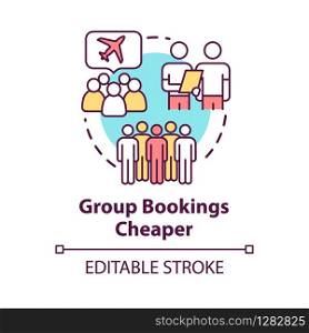 Group booking cheaper concept icon. Collective tour reservation discounts idea thin line illustration. Tourists traveling together vector isolated outline RGB color drawing. Editable stroke