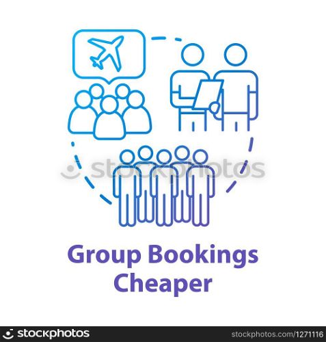 Group booking cheaper concept icon. Collective tour reservation discounts, money saving travel idea thin line illustration. Tourists traveling together vector isolated outline RGB color drawing