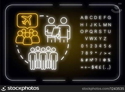 Group booking cheaper neon light concept icon. Collective tour reservation discounts idea. Outer glowing sign with alphabet, numbers and symbols. Vector isolated RGB color illustration