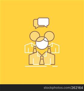 group, business, meeting, people, team Flat Line Filled Icon. Beautiful Logo button over yellow background for UI and UX, website or mobile application