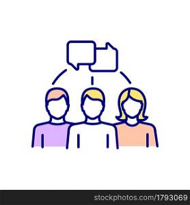 Group chatting RGB color icon. People talking. Casual conversation between men and women. Human communication. Social relationship. Isolated vector illustration. Simple filled line drawing. Group chatting RGB color icon