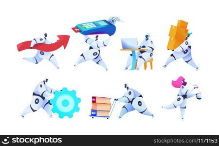 Group different robots on isolated white background. With terminal of payment, moves technology, accepts order and delivers goods. Metaphor of AI, androids bots in business. Vector flat illustration