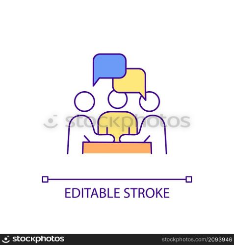 Group discussion RGB color icon. Exchanging ideas and personal experience. Support group meeting. Isolated vector illustration. Simple filled line drawing. Editable stroke. Arial font used. Group discussion RGB color icon