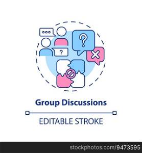 Group discussions multi color concept icon. Share experience. Exchange ideas. Knowledge sharing. Collaboration learning. Round shape line illustration. Abstract idea. Graphic design. Easy to use. Group discussions multi color concept icon