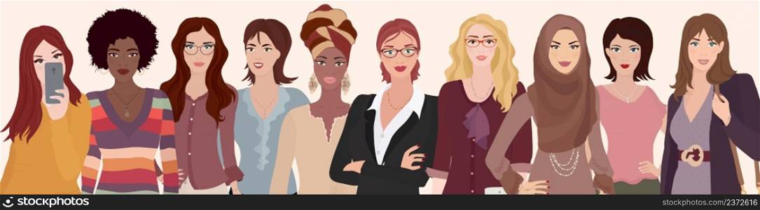 Group diversity women and girls.Portrait of multicultural and multiethnic women.Female social network community.Racial equality.Allyship.Empowerment.Colleagues or co-workers.Teamwork