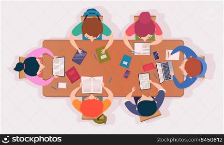 Group education. Handcraft works of students top view pictures set lessons team working together exact vector flat background. Illustration of teamwork training, person do homework. Group education. Handcraft works of students top view pictures set lessons team working together exact vector flat background