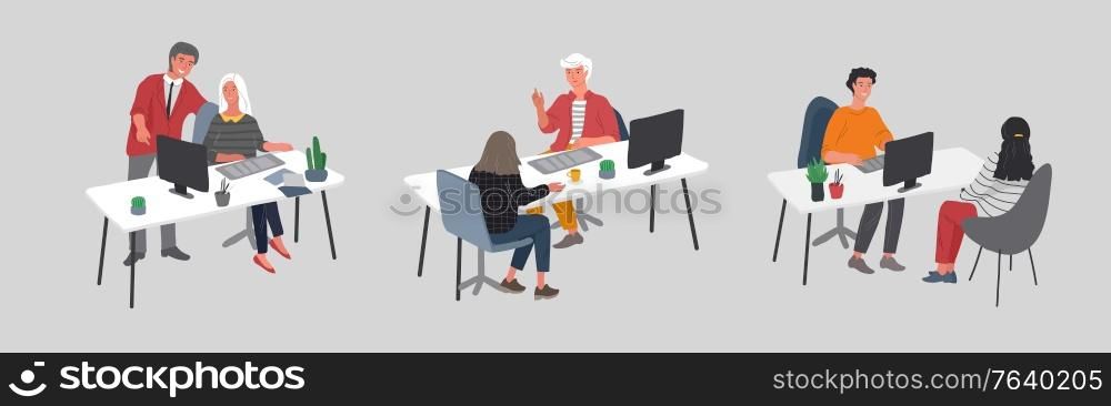 Group employees workers communicate or talk with a client or talk between teamwork or meeting, brainstorm. Successful business of young trendy people. Vector cartoon concept illustration.. Group employees communicate or talk with a client or talk between teamwork or meeting, brainstorm. Successful business of young trendy people. Vector cartoon concept