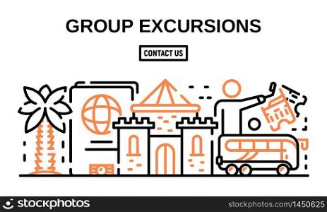 Group excursions banner. Outline illustration of group excursions vector banner for web design. Group excursions banner, outline style