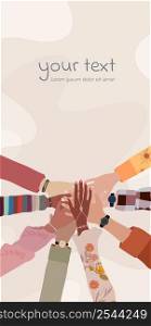 Group hands on top of each other of diverse multi-ethnic and multicultural people. Diversity people.Concept of teamwork community and cooperation. Racial equality. Diverse culture. Banner