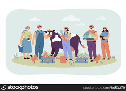 Group happy farmers keeping cow and poultry, gathering harvest, holding crates with fruits and vegetables. Vector illustration for countryside workers, agriculture, farming, fresh food concept
