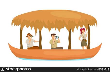 Group in boat flat color vector illustration. Man and woman in ship. Explorers photographing. Tour guide with adventurer in water vessel. Tourists isolated cartoon character on white background