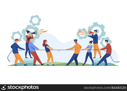 Group leaders shouting at megaphone. Teams playing tug-of-war, pulling rope with golden cup flat vector illustration. Competition, contest concept for banner, website design or landing web page