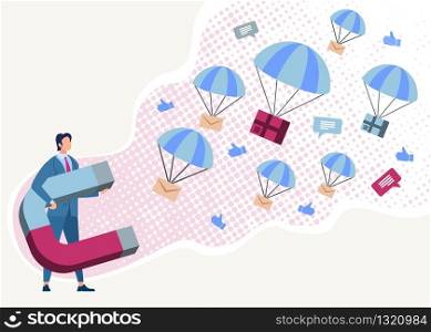 Group Mailing, Attracting New Clients with Magnetic Marketing Strategy Flat Vector Concept with Businessman, Company Leader Holding Magnet, Collecting Customers Feedback in Social Network Illustration