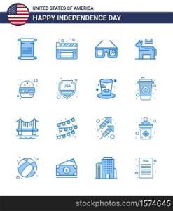 Group of 16 Blues Set for Independence day of United States of America such as food; burger; glasses; symbol; american Editable USA Day Vector Design Elements