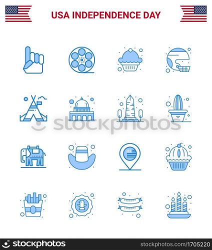 Group of 16 Blues Set for Independence day of United States of America such as tent free; state; cake; sport; football Editable USA Day Vector Design Elements