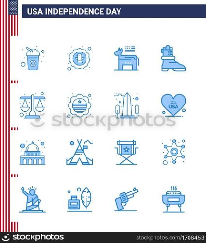 Group of 16 Blues Set for Independence day of United States of America such as justice; american; badge; boot; symbol Editable USA Day Vector Design Elements