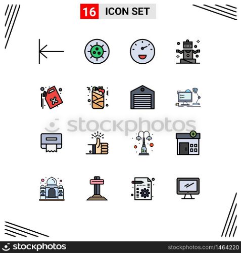Group of 16 Flat Color Filled Lines Signs and Symbols for can, pollution, speed, gas, yoga Editable Creative Vector Design Elements