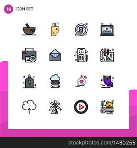Group of 16 Flat Color Filled Lines Signs and Symbols for devices, marketing, diet, video, media Editable Creative Vector Design Elements