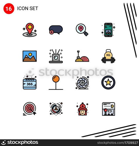 Group of 16 Flat Color Filled Lines Signs and Symbols for photographer, landscape, search, mobile, application Editable Creative Vector Design Elements