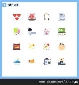 Group of 16 Flat Colors Signs and Symbols for balloon, data, headphone, coding, binary Editable Pack of Creative Vector Design Elements