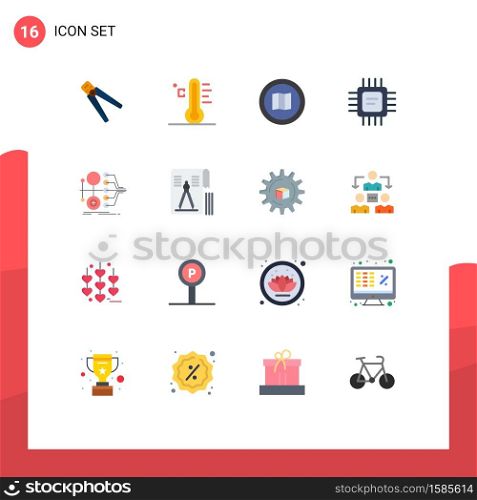 Group of 16 Flat Colors Signs and Symbols for cpu, maps, rainy, mapquest, google Editable Pack of Creative Vector Design Elements