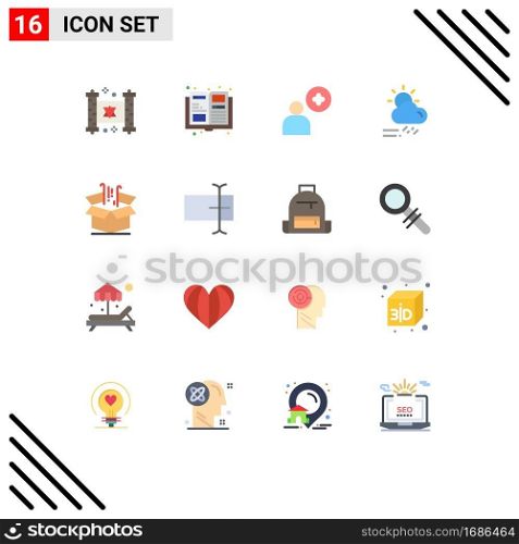 Group of 16 Flat Colors Signs and Symbols for finance, box, plus, weather, rainy Editable Pack of Creative Vector Design Elements