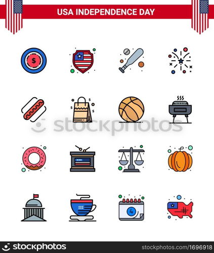 Group of 16 Flat Filled Lines Set for Independence day of United States of America such as bag  hotdog  hardball  american  usa Editable USA Day Vector Design Elements
