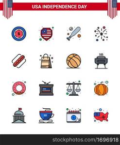 Group of 16 Flat Filled Lines Set for Independence day of United States of America such as bag; hotdog; hardball; american; usa Editable USA Day Vector Design Elements