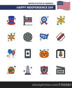 Group of 16 Flat Filled Lines Set for Independence day of United States of America such as play; police sign; badge; star; men Editable USA Day Vector Design Elements