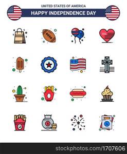 Group of 16 Flat Filled Lines Set for Independence day of United States of America such as popsicle; flag; bloon; american; heart Editable USA Day Vector Design Elements
