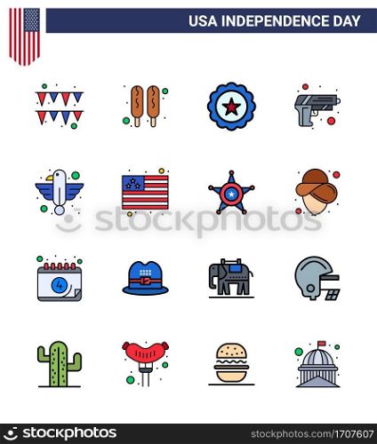 Group of 16 Flat Filled Lines Set for Independence day of United States of America such as eagle; animal; sign; american; army Editable USA Day Vector Design Elements