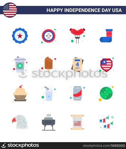 Group of 16 Flats Set for Independence day of United States of America such as cola; gift; badge; festivity; celebration Editable USA Day Vector Design Elements