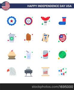 Group of 16 Flats Set for Independence day of United States of America such as cola; gift; badge; festivity; celebration Editable USA Day Vector Design Elements