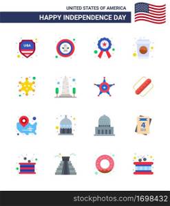 Group of 16 Flats Set for Independence day of United States of America such as badge; drink; badge; cola; sign Editable USA Day Vector Design Elements