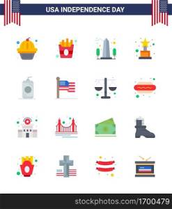Group of 16 Flats Set for Independence day of United States of America such as drink; bottle; monument; trophy; achievement Editable USA Day Vector Design Elements
